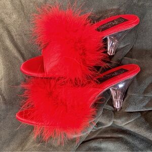 ✨ Like New Fabulicious BELLE-301 Feathered Transparent Mules – Red (Size 7)✨